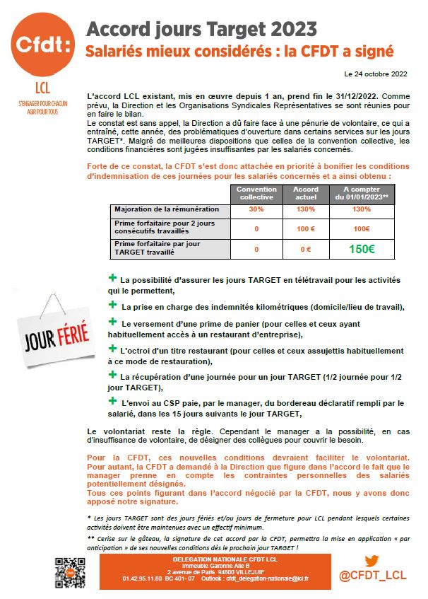 CFDT LCL CFDT LCL Accord Jours TARGET La CFDT Signe