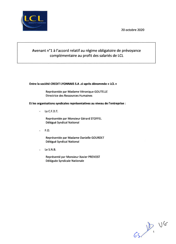 Avenant n°1 à l'accord relatif au régime obligatoire de Prévoyance complémentaire au profit des salariés de LCL