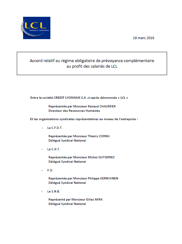 Accord relatif au régime obligatoire de prévoyance complémentaire au profit des salariés de LCL