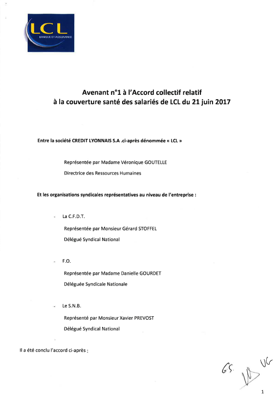 Avenant n°1 à l'accord relatif à la couverture santé des salariés LCL