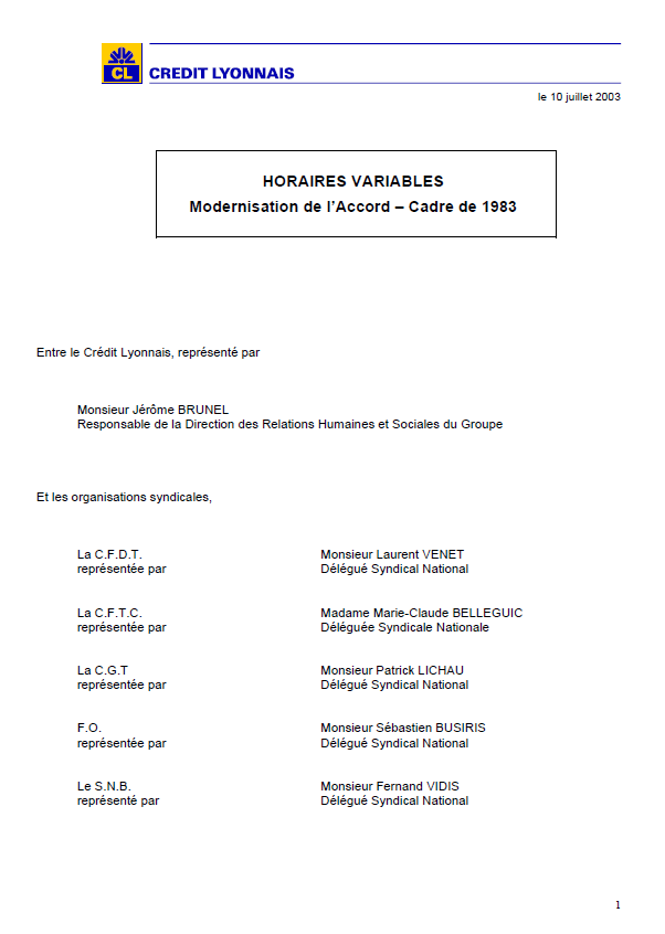 HORAIRES VARIABLES Modernisation de l’Accord – Cadre de 1983