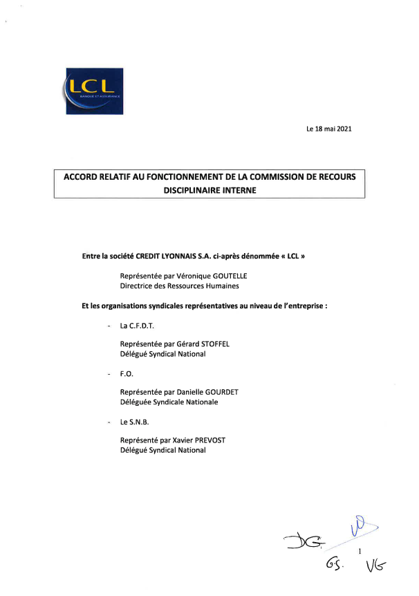 Accord fonctionnement de la commission de recours disciplinaire interne