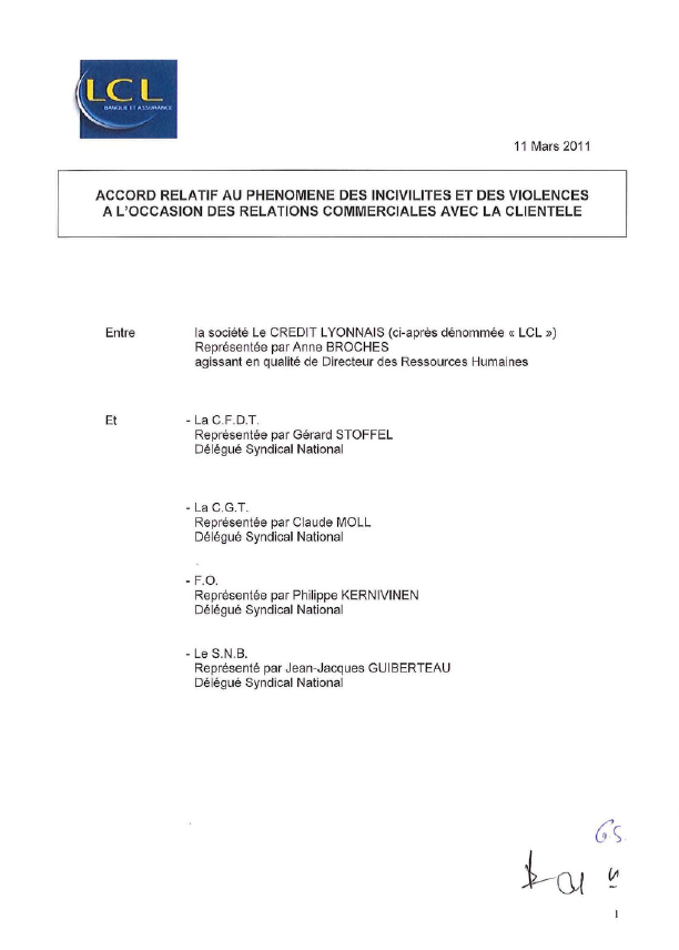 Accord relatif au phénomène des  incivilités et aux violences à l'occasion des relations commerciales avec la clientèle