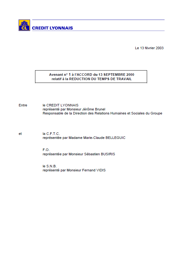 Avenant n°1 à l'accord relatif à la réduction du temps de travail du 13/09/2000