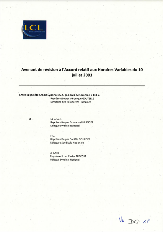 Avenant à l'accord relatif aux horaires variables du 10 juillet 2003