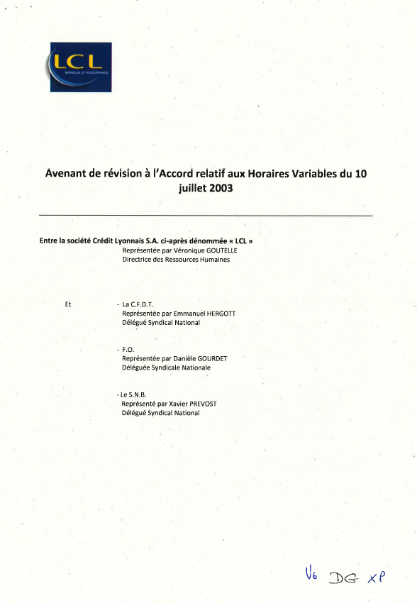 Avenant de révision de l'accord relatif aux Horaires variables du 10/07/2003